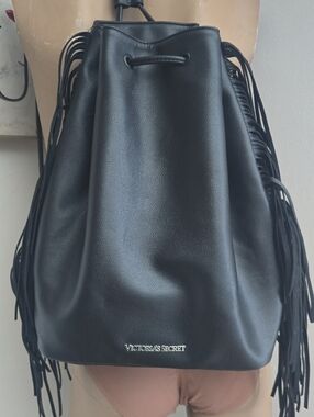 Victoria's Secret Black Fringe Drawstring Backpack NWT